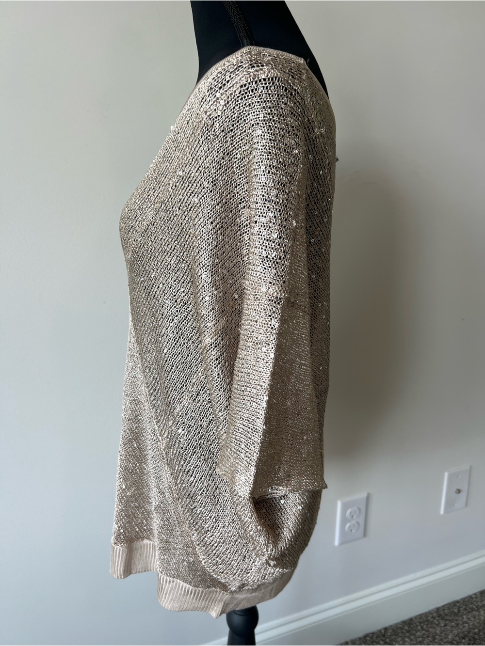 Cache Champagne Sequin Bling Short Sleeve Bat Wing Sweater Open Knit - Picture 3 of 8